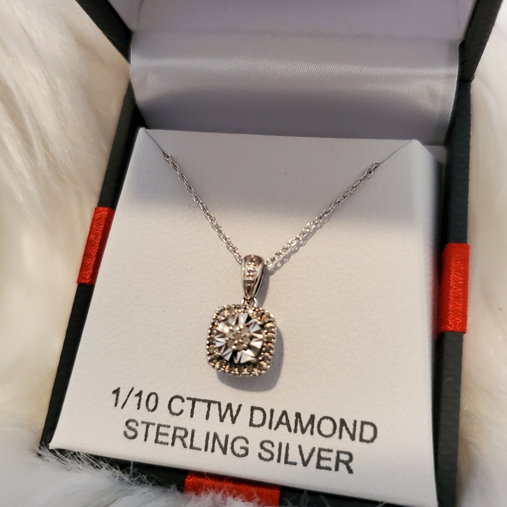 NWT GENUINE DIAMOND STERLING SILVER PENDANT NECKLACE GORGEOUS - Picture 4 of 8